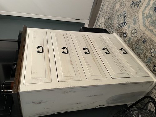 Farmhouse bedroom set queen bed frame, two side tables, chest of drawers