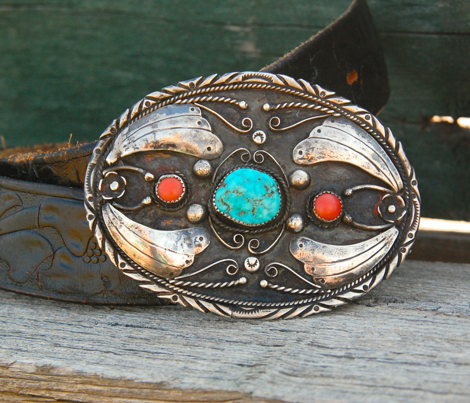 Man's Blue Jay Turquoise, & Coral Belt Buckle Circa 1960s  