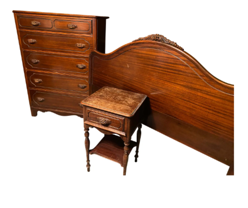 Vintage Wood Bedroom Set: Full Size Double Bed Frame, Matching Side Table, & Chest of Drawers