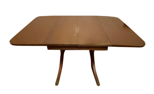 Vintage Brown Wood Versatile Drop Leaf Double Pedestal Dining Table