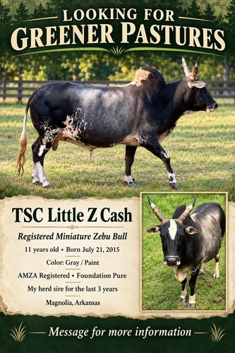 Registered sire mini zebu bull.  $1200